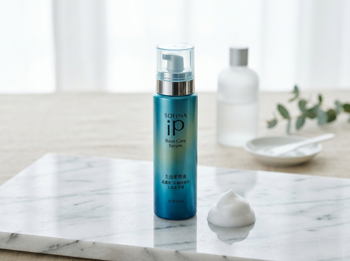 SOFINA iP Base Care Serum canister with dollop of carbonated foam