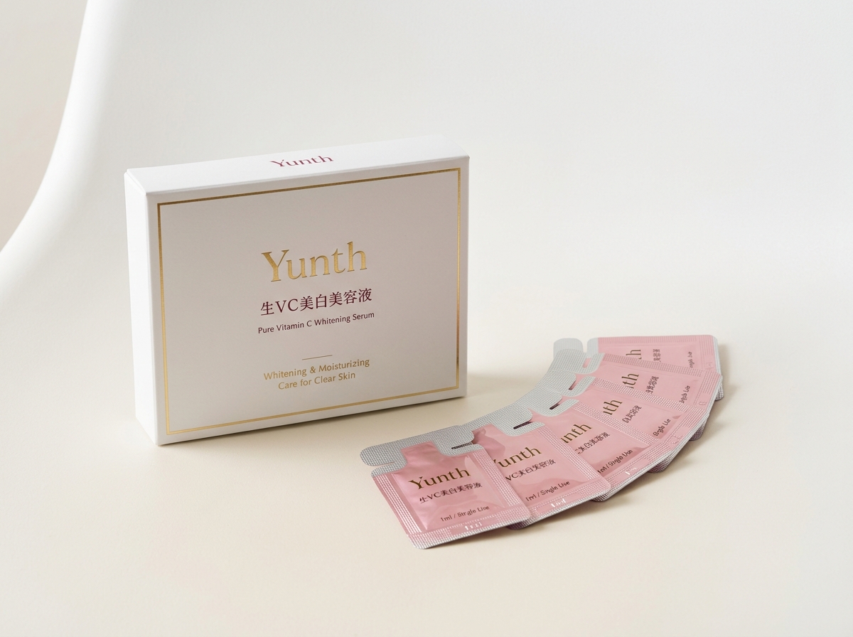 Yunth Pure Vitamin C Whitening Serum box and single-dose sachets