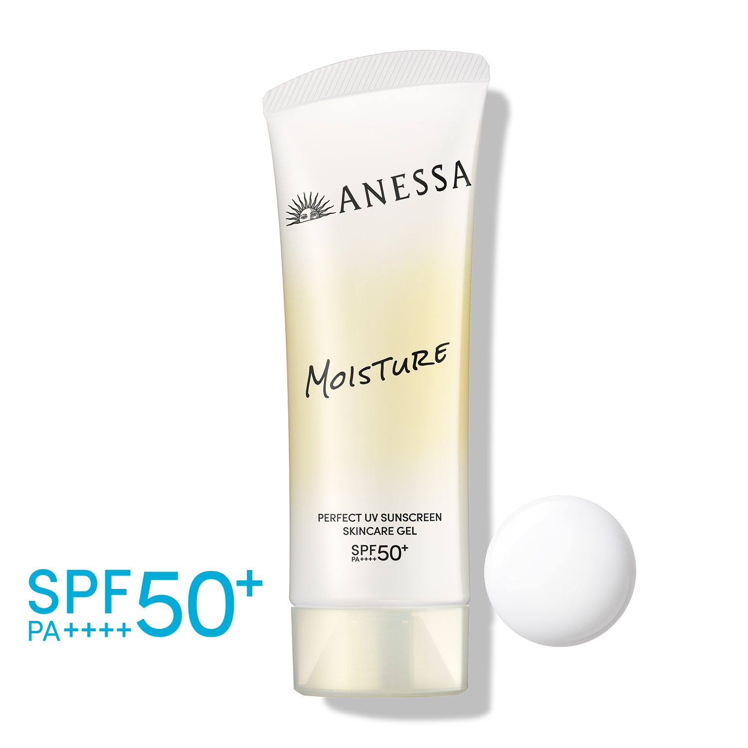 Anessa Perfect UV Skincare Gel NB: gold tube with sky-blue metallic cap top and sunburst logo on stone surface