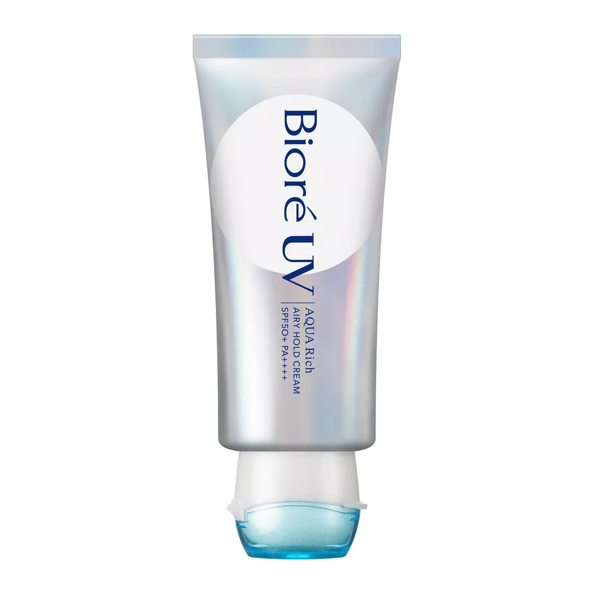 Bioré UV Aqua Rich Airy Hold Cream: sleek deep aqua-blue tube with silver typography