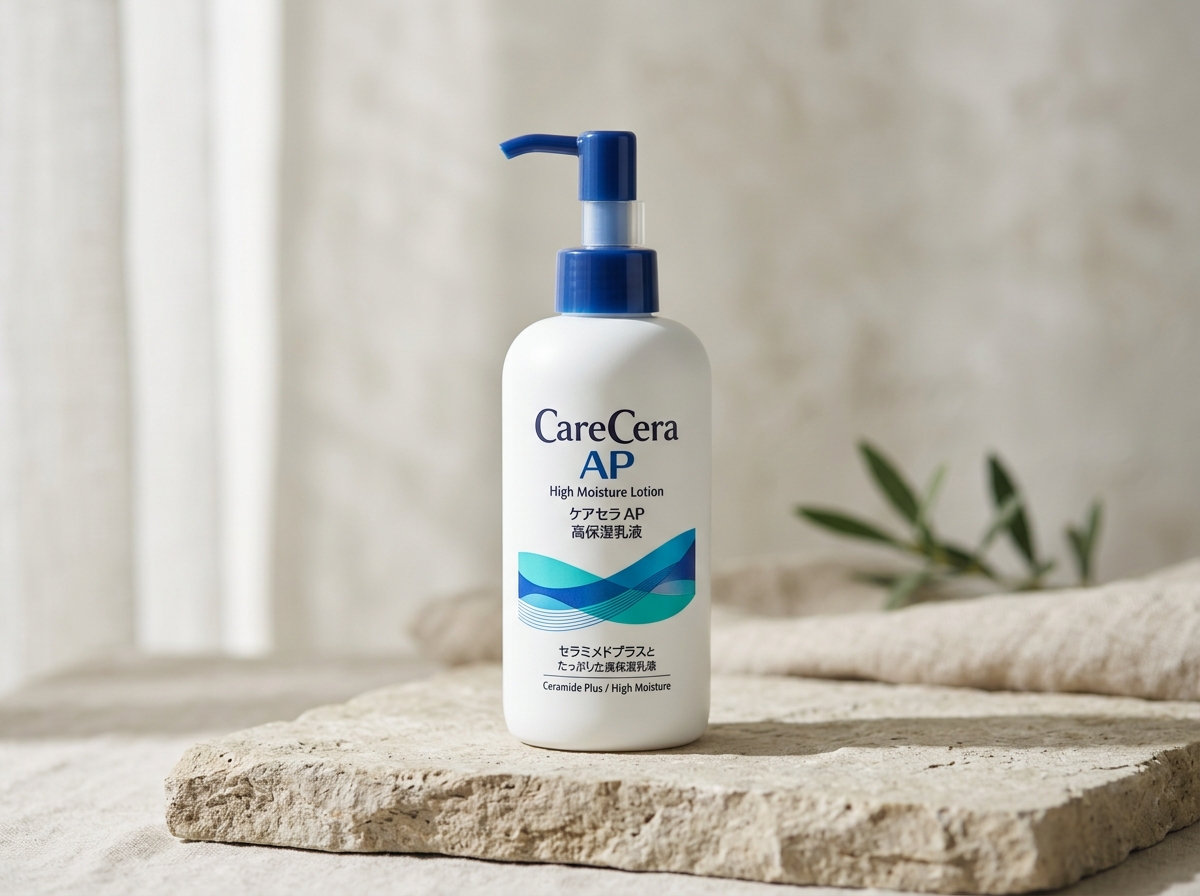 Rohto CareCera AP High Moisture Lotion: barrier-restoring emulsion bottle featuring eight multi-ceramides and oligopeptides