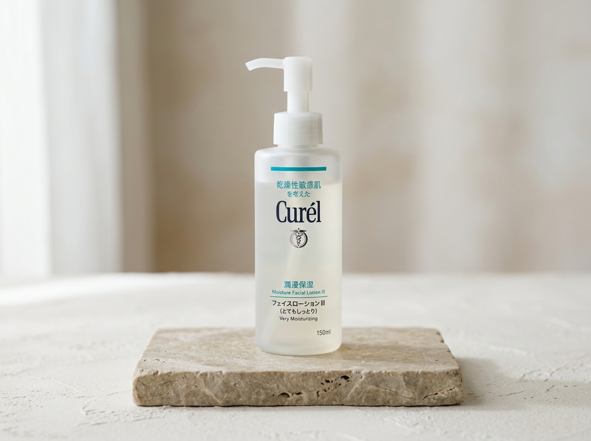 Curél Moisture Facial Lotion III (Enrich): semi-translucent pump bottle designed for sensitive, ceramides-depleted skin
