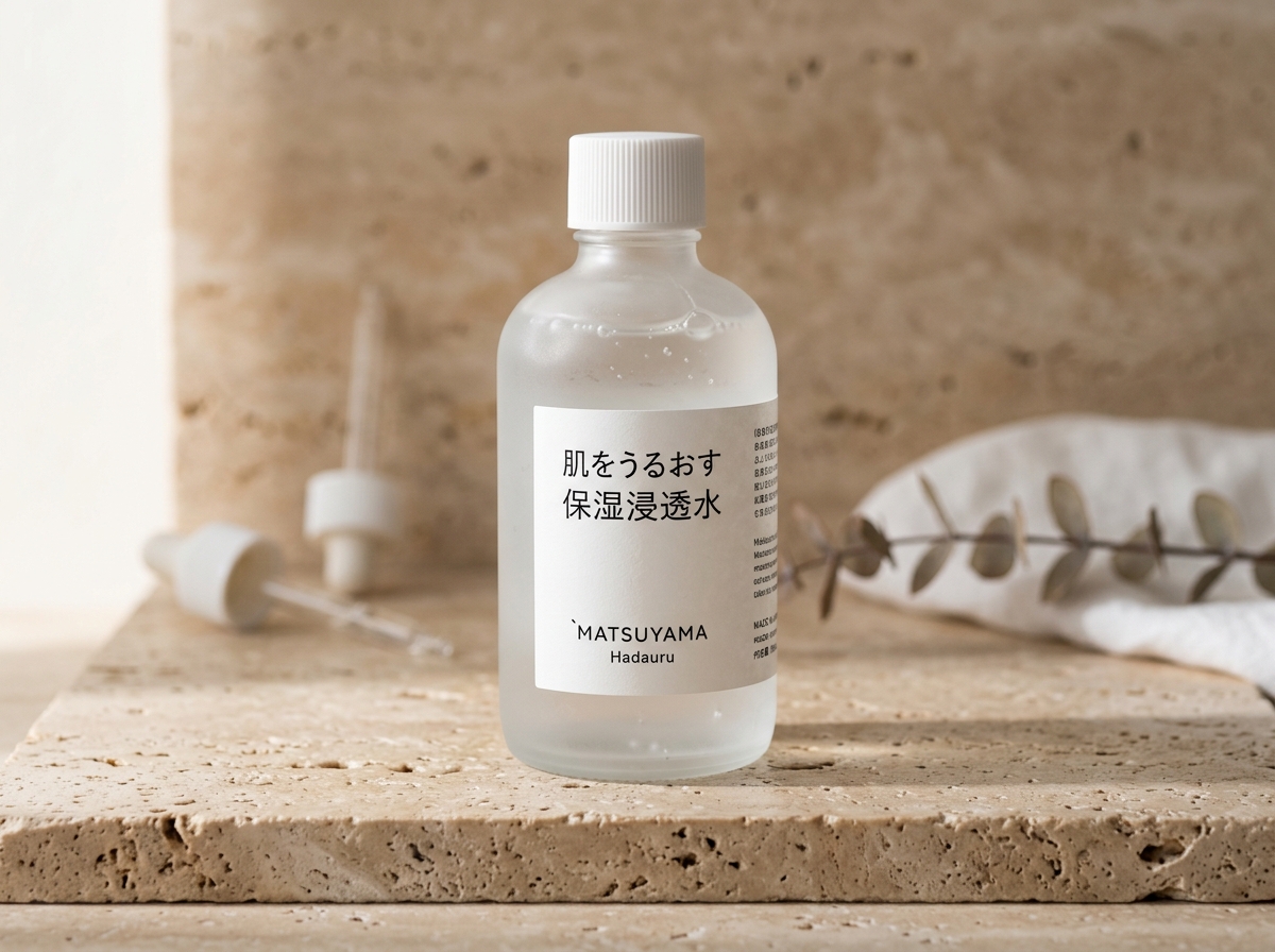 Matsuyama Hadauru Moisturizing Infusion: frosted glass packaging housing five human-type ceramides and fermented soybean extract