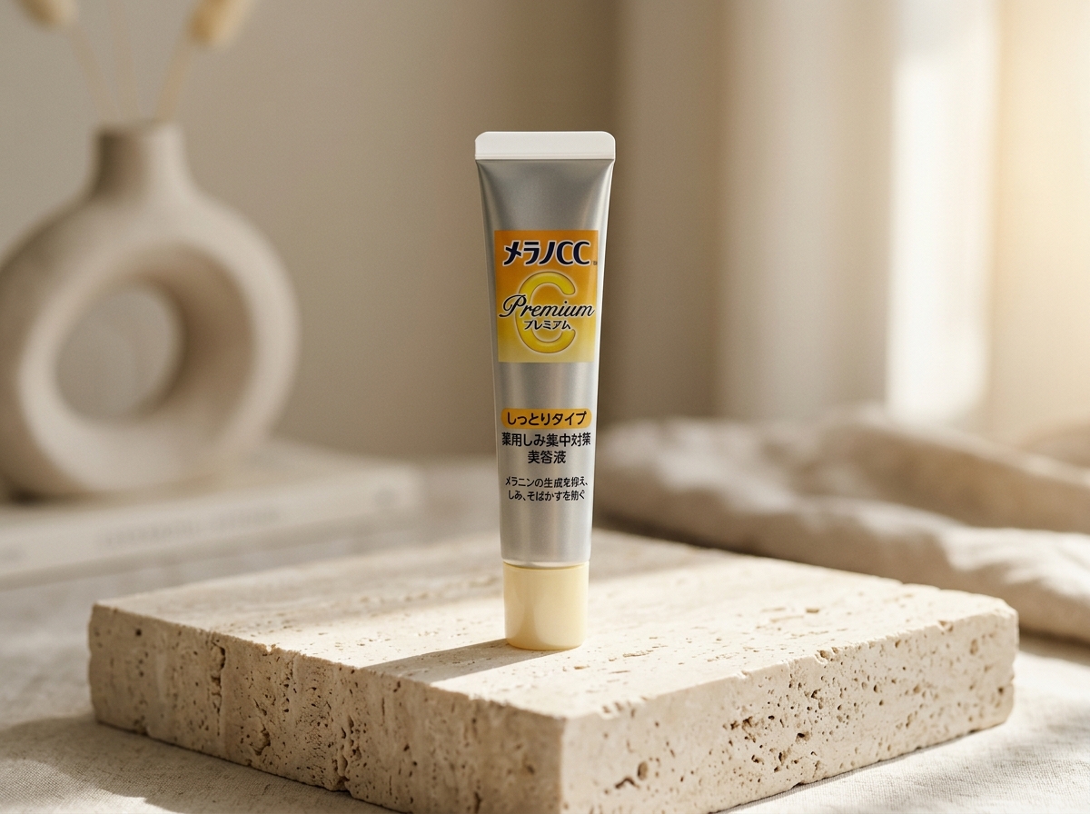 Rohto Melano CC Premium Brightening Essence: metallic silver-grey squeeze tube with precision micro-nozzle on travertine stone pedestal